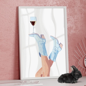 Red Wine and Light Blue Cowgirl Boots Art Print Poster or Canvas, Minimalist Western Print, Preppy Cowgirl Coquette Poster Retro Boots Print