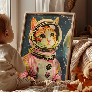 Retro Style Rosa Astronaut Katzen Illustration Poster oder Leinwanddruck, Katze im Weltraum Portrait Wunderliche Space Cat Art Print Tabby Katze Astronaut