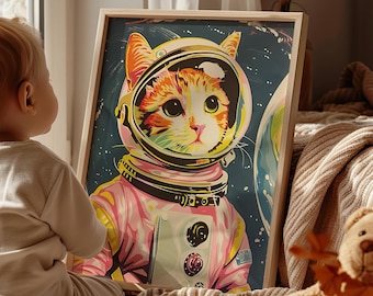 Poster o stampa su tela con illustrazione di gatto astronauta rosa in stile retrò, ritratto di gatto nello spazio, stampa artistica di gatto spaziale stravagante, gatto soriano astronauta