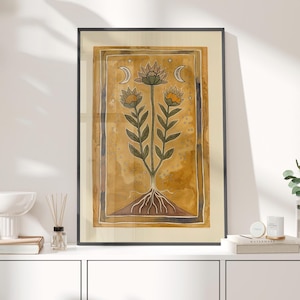 Flower and Crescent Moon Art Folk Art Style Poster or Canvas Print, Earthy Wildflower Artwork, Botanical Illustration, Boho Botanical Print