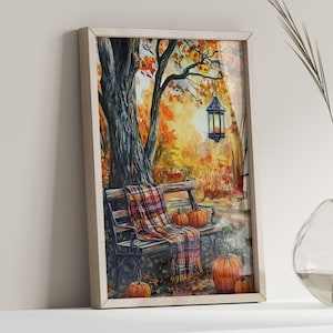 Autumn Bench Watercolor Painting Poster or Canvas Print, Pumpkins Fall Wall Art, Park Bench Painting, Park Bench Rustic Fall Nature Print