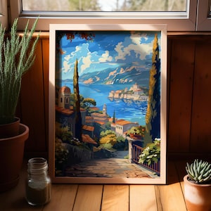 Greek Coastal Wall Art Poster or Canvas Print, Mediterranean Coastal Art Print, Europe Travel Poster, European Countryside Coastal Wall Art