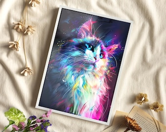 Neon Birman Cat Gradient Color Art Print or Canvas, Modern Maximalist Wall Art, Neon Cat Glowing Poster, Cyberpunk Style Vivid Cat