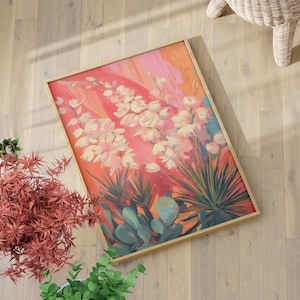 Yucca Flower Painting Poster or Canvas Print, Retro Southwestern Desert Print, Vintage Texas Cactus Wall Art, Abstract Painting Home Decor