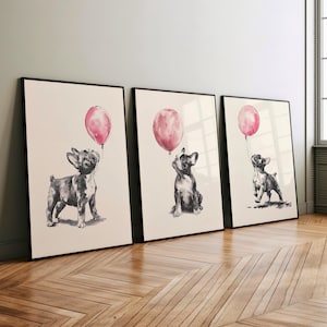 French Bulldog Puppy Minimalist Wall Art 3 Piece Set Poster or Canvas, Pink Balloon Nursery Decor, Minimalist Dog Print, Kids Room Decor