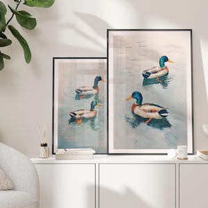 Retro Mallard Duck Art Set of 2 Poster or Canvas Prints, Duck Watercolor Art Print, Hunting Gift for Dad, Soft Pastel Outdoorsy Wall Decor