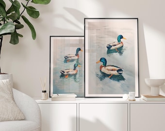 Retro Mallard Duck Art Set of 2 Poster or Canvas Prints, Duck Watercolor Art Print, Hunting Gift for Dad, Soft Pastel Outdoorsy Wall Decor