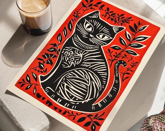 Black Cat Illustration Folk Art Linocut Print Style Wall Art Poster or Canvas Print, Black Cat Red Wall Art, Wood Block Print Style Cat Art