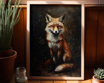 Antique Fox Oil Painting Poster or Canvas Print, Rustic Cottagecore Decor, Vintage Red Fox Wall Art, Forest Animal Dark Academia Wall Art