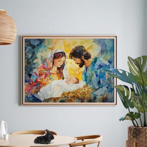 Nativity Scene Watercolor Paper Mosaice Style Painting Poster or Canvas, Mary Joseph and Baby Jesus Christmas Manger Art, Religious Wall Art