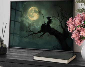 Witch Sitting on an Old Dead Tree Under the Moon Gloomy Wall Art Poster or Canvas Print, Dark Cottagecore Mystical Moon Art Halloween Decor