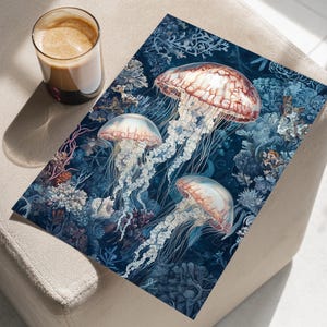 Jellyfish Floating Among Intricate Coral Patterns Classic Vintage Oil Painting Poster or Canvas, Ocean Sea Animal Print, Sea Life Wall Art