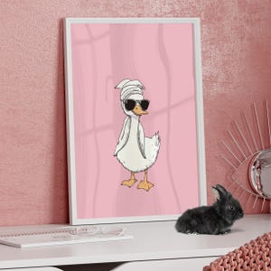 Duck Wearing Sunglasses and Head Towel Wall Art Poster or Canvas Print, It Girl Print, Minimalist Cute Duck Preppy Pastel Pink Wall Decor