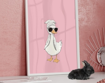 Duck Wearing Sunglasses and Head Towel Wall Art Poster or Canvas Print, It Girl Print, Minimalist Cute Duck Preppy Pastel Pink Wall Decor