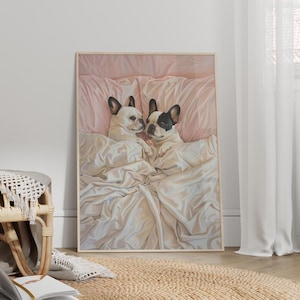 French Bulldogs Sharing a Bed Wall Art Poster or Canvas Print, Romantic Dog Pastel Color Art Print, Bedroom Wall Decor, Dog Lover Gift Print