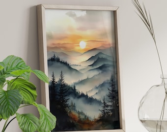 Smoky Mountains Sunset Scene Watercolor Wall Art Poster or Canvas Print, National Park Wall Art, Foggy Forest Mountains Sunrise Art Decor