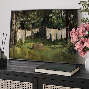 Vintage Laundry Country Wall Art Oil Painting Poster or Canvas Print, Cottagecore Decor, Laundry Room Wall Print, Hanging Clothes Wall Art