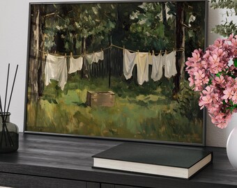 Vintage Laundry Country Wall Art Oil Painting Poster or Canvas Print, Cottagecore Decor, Laundry Room Wall Print, Hanging Clothes Wall Art