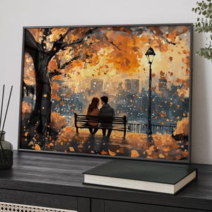 Couple on Bench in Autumn Park Abstract Romantic Cityscape Painting Poster or Canvas Print, Lovers under the Tree with Fall Foliage Wall Art