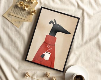 Minimalist Greyhound in Red Sweater Art Poster or Canvas Print, Cozy Scandinavian Coffee Dog Illustration, Modern Whimsical Animal Wall Art
