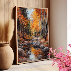 Lake Tahoe Creek Oil Painting Vibrant Fall Foliage Poster or Canvas Print, Autumn Forest Nature Landscape Fall Wall Art Cottagecore Decor