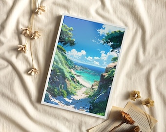 Sandy Seaside Pathway Artwork Poster or Canvas Print, Beach Walkway Coastal Art Print, Beach Path Wall Print, Seascape Beach House Decor