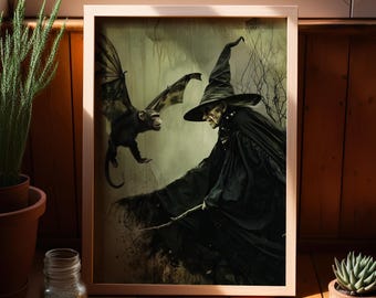Wicked Witch with Flying Monkey Gothic Art Print Poster or Canvas, Dark Academia Wicked Witch Poster, Moody Dark Art Vintage Horror Print