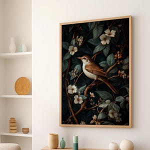 Nightingale Perching on a Jasmine Vine Classic Vintage William Morris Inspired Art Print Poster or Canvas, Floral Bird Art Cottagecore Decor