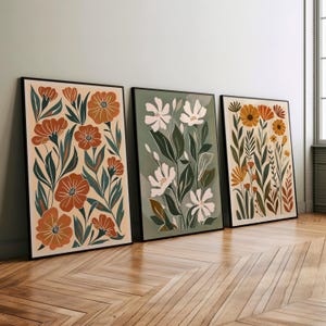 Modern Boho Abstract Flower Set of 3 Wall Art Poster or Canvas Print, Abstract Wild Flower Nature Floral Art Print, Botanical Illustration