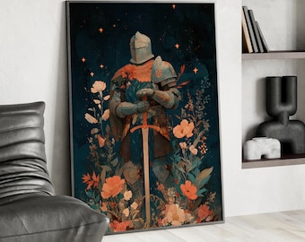 Medieval Knight Floral Art Poster or Canvas Print, Dark Fantasy Sword Wall Decor, Eclectic Cottagecore, Dark Academia Floral Knight Print