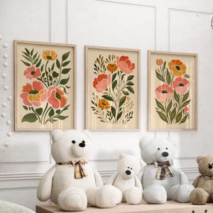 Abstract Boho Wild Flowers Set of 3 Wall Art Poster or Canvas Print, Neutral Bohemian Flowers Modern Nature Print, Botanical Illustration