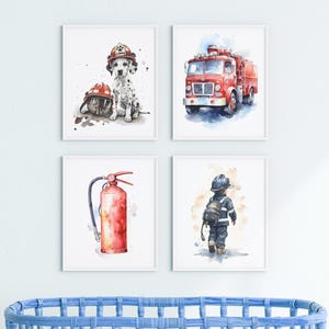 Feuermann und Welpe Aquarell Kinderzimmer Wandkunst 4er Set oder Leinwand, niedliches Baby- und Kinderzimmer Dekor, Berufsspiel und Arbeitszimmer Poster