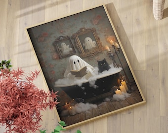 Ghost Reading in Bathtub with Black Cat Halloween Wall Art Poster or Canvas Print, Whimsigoth Bubblebath Print, Spooky Cute Victorian Decor