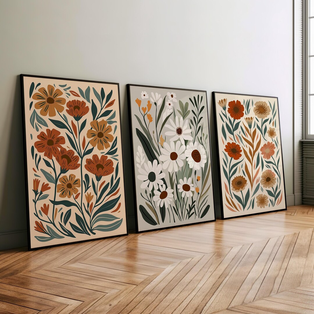 Boho Wildflower Set of 3 Prints Poster or Canvas Wall Art, Colorful ...