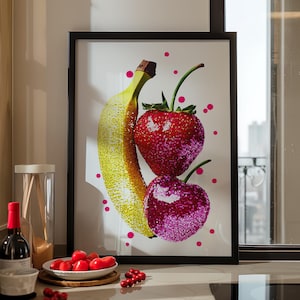 Fruit Sequin Style Art Strawberry Cherry and Banana Wall Art Poster or Canvas Print, Disco Fruit Art Print, Retro Fruit Art Preppy Trendy