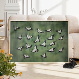 Flying Cranes Traditional Japanese Painting Poster or Canvas, Art Sage Green Wall Art, Minimalist Bird Flock Print Japanese Royal Cranes Art