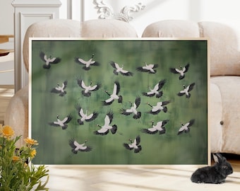 Flying Cranes Traditional Japanese Painting Poster or Canvas, Art Sage Green Wall Art, Minimalist Bird Flock Print Japanese Royal Cranes Art