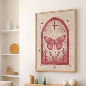 Pink Butterfly Folk Art Illustration Poster or Canvas Print, Butterfly Floral Art Print, Boho Wall Art, Retro Botanical Boho Nature Print