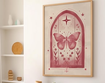 Pink Butterfly Folk Art Illustration Poster or Canvas Print, Butterfly Floral Art Print, Boho Wall Art, Retro Botanical Boho Nature Print