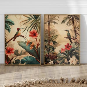 Birds in the Jungle Tropical Wall Art Set of 2 Poster or Canvas Print, Hummingbird Print Vintage Style Exotic Bird Painting Botanical Print