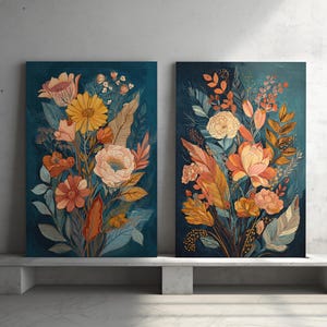 Autumn Boho Floral Wall Art Set of 2 Poster or Canvas Print, Midcentury Modern Bouquet, Abstract Botanical Flowers, Retro Wildflower Decor