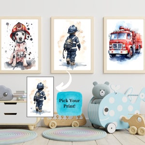 "Feuermann Aquarell Kinderzimmer Wand-Kunst-Set von 3 Druck oder Leinwand, niedlichen Welpen Baby und Kinderzimmer Dekoration, Feuerwehrmann Beruf Poster