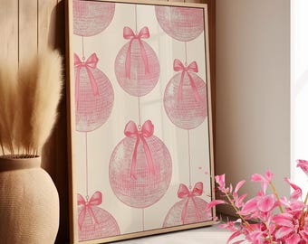 Pink Disco Balls with Coquette Pink Bow Poster or Canvas Print, Retro Girly Wall Art, Vintage Minimalist Mirror Balls Trendy Apartment Decor