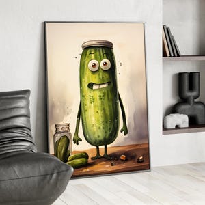 Whimsical Funny Pickle Watercolor Style Painting Art Print or Canvas, Kosher Pickle Calming Color Funny Pickle in a Jar with Silly Face