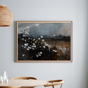 Vintage Moody White Wildflowers Landscape Art Print or Canvas Print, Moody Wall Art, Vintage Wall Art, Dark Botanical Wild Flowers Poster