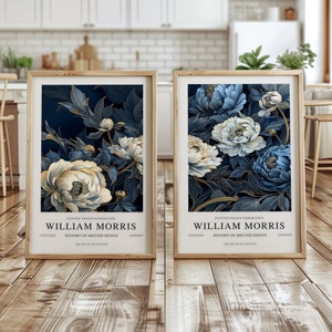 Blue and White Peonies Poster, Set of 2 William Morris Prints, Vintage Peony Flowers Wall Art, Floral Botanical Art Print or Canvas Print