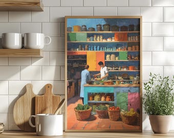 Bright Colorful Kitchen Scene Art Poster or Canvas Print, Cozy Cooking Couple Vibrant Painting, Whimsical Modern Rustic Kitchen Wall Decor