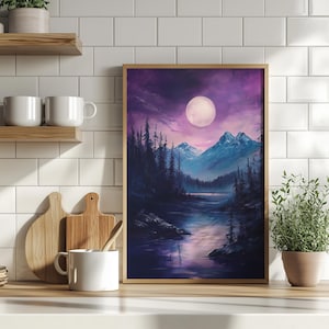 Serene Mountain and Moonlit Forest Landscape Painting Poster or Canvas Print, Magical Night Art Print, Purple Blue Nature Landscape Wall Art