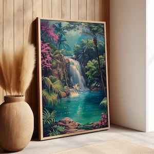 Dschungel Wasserfall Wand Kunst Poster oder Leinwanddruck, realistische Kunst Wasserfall Druck, Tropischer Wasserfall Regenwald Boho Dekor, Naturdruck