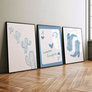 Coastal Blue Cowgirl Ace of Hearts Playing Card 3 Piece Set Art Print or Canvas, Cowgirl Boots Wall Art, Long Live Coastal Cowgirl Decor